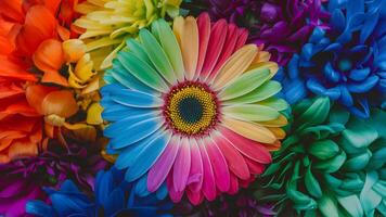 ai genererad vibrerande daisy blomma Utsmyckad med regnbåge färgad kronblad foto