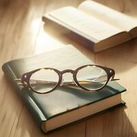 ai genererad studie estetik glasögon med böcker på en trä- tabell, årgång tona för social media posta storlek foto