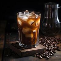 ai genererad kall dryck med espresso och tonic i glas på svart bakgrund. kall espresso kaffe tonic i en glas med is på en trä- tabell. foto