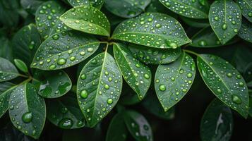ai genererad färsk grön löv täckt i vatten droppar foto