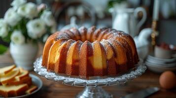 ai genererad bundt kaka på vit kaka tallrik foto