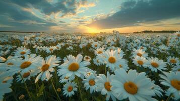 ai genererad fält av vit daisy under molnig himmel foto