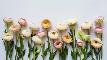 ai genererad vår ranunkel blommor anordnad på vit bakgrund för attrapp foto