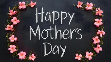 ai genererad krita skriven svarta tavlan för Lycklig mödrar dag, rosa blommor texturerad foto