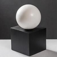 ai genererad en kontrast boll balanserad på topp av en fyrkant låda foto