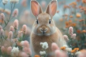 ai genererad söt kanin i vår blommor. foto