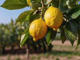 ai genererad citron- frukt hängande på de träd i en jordbruks fält i de ljus solig dag foto