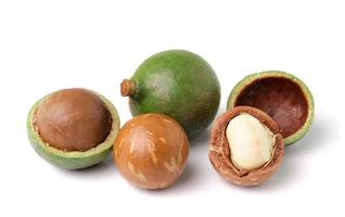 macadamianötter på vit bakgrund foto