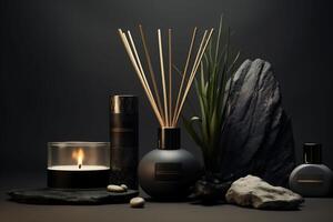 ai genererad en lugn spa miljö terar en belyst ljus och vass diffusor med naturlig element, perfekt för en lugnande wellness tema, och spa Produkter. foto