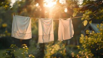 ai genererad färsk vit kläder efter tvätt torkning på en rep. hög upplösning. ai generativ foto