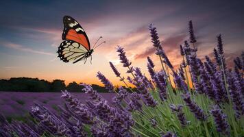 ai genererad natur konst med flyga fjäril, lavendel- blomma mot kväll himmel foto