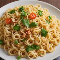 ai genererad en tallrik av spaghetti med grönsaker och örter foto
