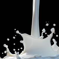 ai genererad dynamisk mejeri mjölk stänk fångad i verkan på svart bakgrund för social media posta storlek foto