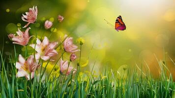 ai genererad abstrakt natur vår bakgrund med blomma och fjäril konst foto