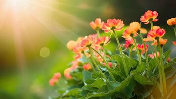 ai genererad trädgårdsarbete bokeh bakgrund slingor sommar blommor i mjuk ljus foto