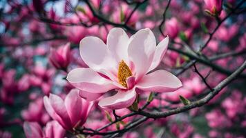 ai genererad dekorativ konst för tapet, skildrar isolerat närbild av magnolia träd foto