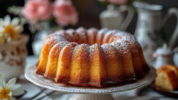 ai genererad bundt kaka på vit kaka tallrik foto