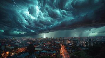ai genererad storm närmar sig stad på natt foto