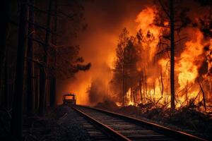 ai genererad förödande järnväg brand skog naturlig. generera ai foto