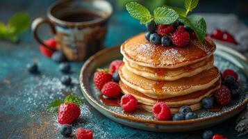 ai genererad stack av pannkakor toppade med bär och pulveriserad socker foto