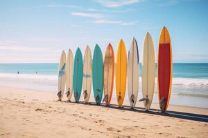 ai genererad uppradade rad av surfingbrädor på strand. generera ai foto