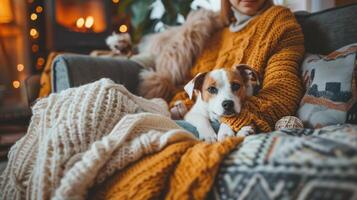 ai genererad en person i tillfällig kläder cuddles med deras hårig vän på en bekväm soffa, omgiven förbi sällskapsdjur leksaker och filtar foto