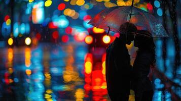 ai genererad en par under ett paraply, deras reflektioner skimrande på regnblandad gator, stänk av Färg från paraplyer foto