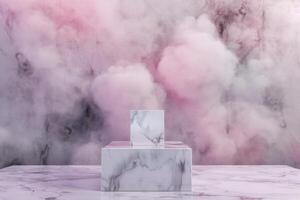 ai genererad naturlig skönhet podium bakgrund terar ett tömma kub låda för visning kosmetisk Produkter foto