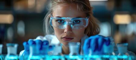 ai genererad kvinna labb tekniker i en kemi laboratorium foto