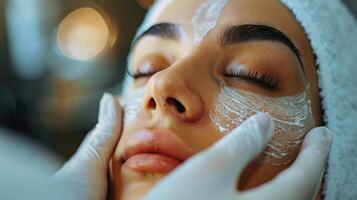 ai genererad kvinna tar emot ansiktsbehandling mask behandling foto