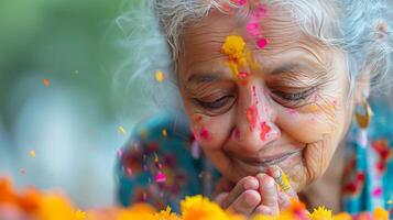 ai genererad äldre kvinna med målad ansikte och händer foto