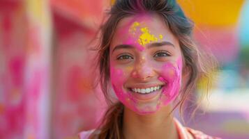 ai genererad kvinna med gul och rosa måla på ansikte foto