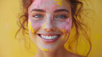 ai genererad kvinna med gul och rosa måla på ansikte foto