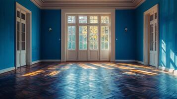 ai genererad tömma rum med blå vägg och trä- golv foto