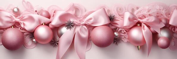 ai genererad skön rosa jul baner med rosa och silver- dekoration bollar och pilbågar. trendig rosa jul bakgrund foto