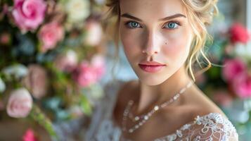 ai genererad ung kvinna med blå ögon och rosa blommor foto
