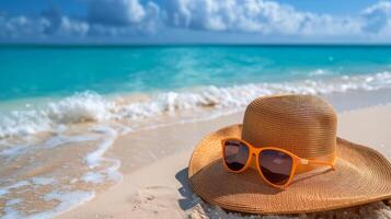 ai genererad hatt och solglasögon på strand med hav bakgrund foto