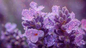 ai genererad stänga upp av lila blomma med vatten droppar foto