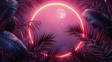 ai genererad rosa neon cirkel mitt i tropisk växter foto