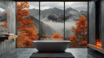ai genererad badrum med stor fönster utsikt berg räckvidd foto