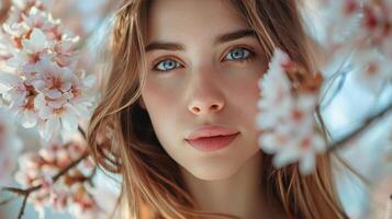 ai genererad kvinna med blå ögon och blomma i hår foto