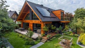 ai genererad bostads- hus med sol- panel tak foto