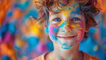 ai genererad porträtt av en leende pojke med ansikte täckt med flerfärgad måla foto
