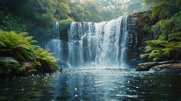 ai genererad majestätisk vattenfall omgiven förbi kropp av vatten foto
