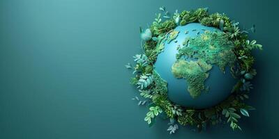 ai genererad grön planet jord omgiven förbi frodig lövverk. miljö- bevarande och hållbarhet begrepp foto