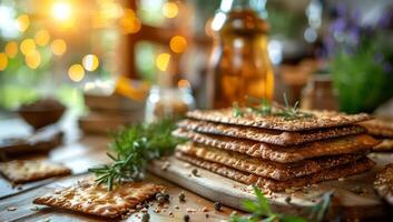 ai genererad Krispig hela spannmål crackers med örter och kryddor på rustik tabell. friska hemlagad mellanmål eller aptitretare med suddig festlig lampor bakgrund. foto