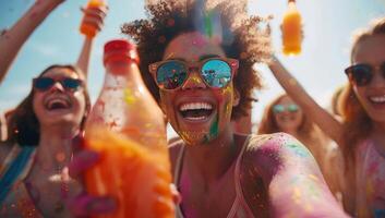 ai genererad grupp av vänner har roligt på en holi festival på de strand foto