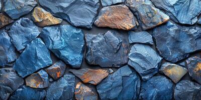 ai genererad invecklad mönster av blå och brun stenar formning en texturerad vägg foto