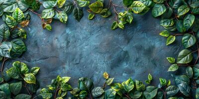 ai genererad vibrerande grön löv gräns en texturerad blå bakgrund foto