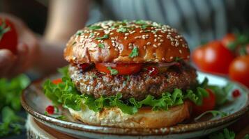 ai genererad färsk hamburgare med sallad och tomater på tallrik foto